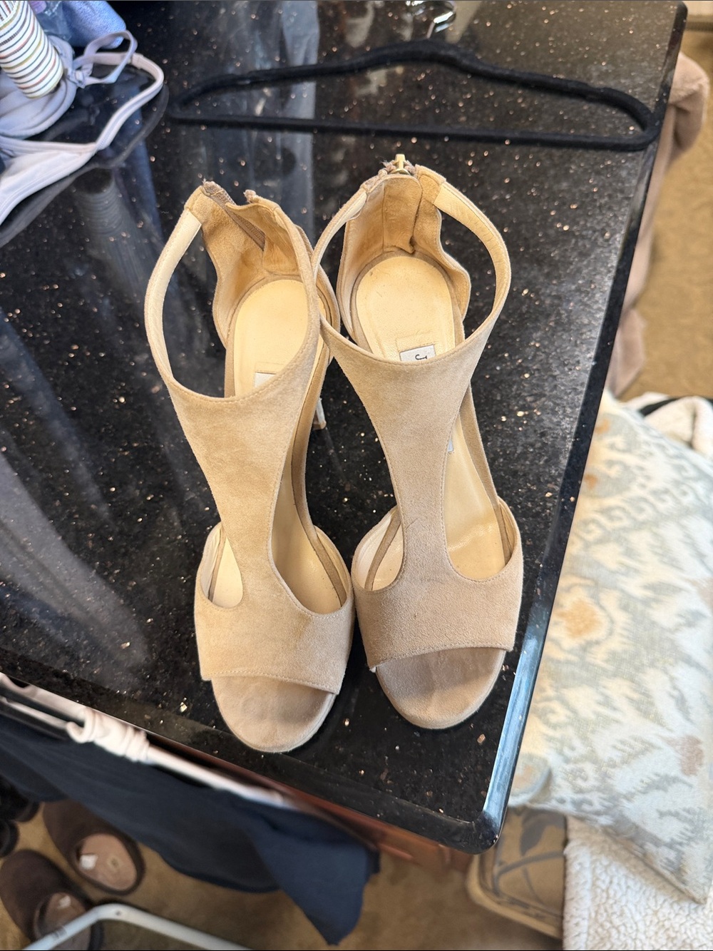 Jimmy Choo Tan Suede T-Strap Open-Toe Heels